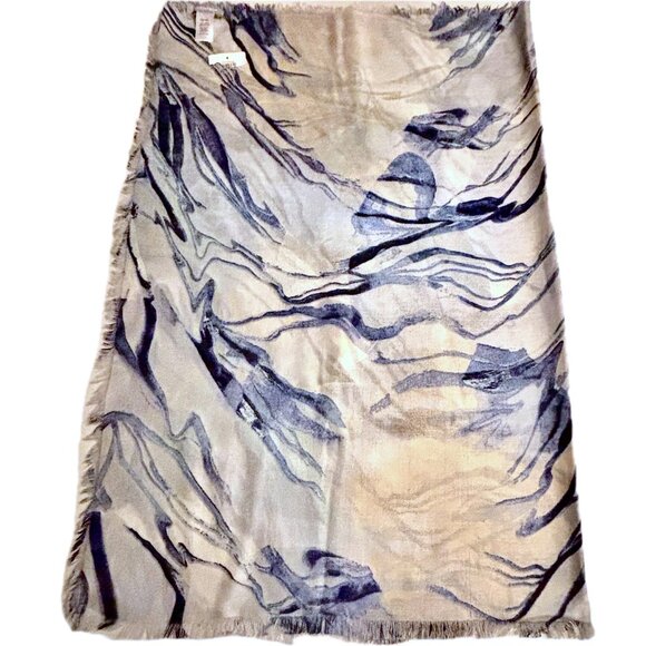 Women's Abstract Pattern Lightweight Scarf Gray Tan Blue Cream Raw EdgesNWT